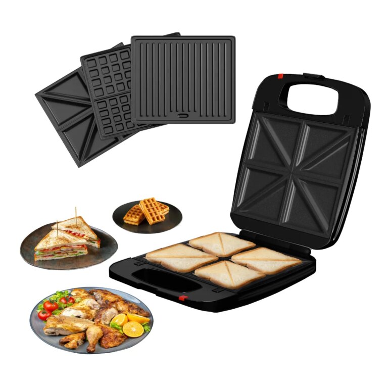 DMD Three-in-One Family Four-Slice Non-Stick Toastie Maker with Detachable Plates - Black, Black