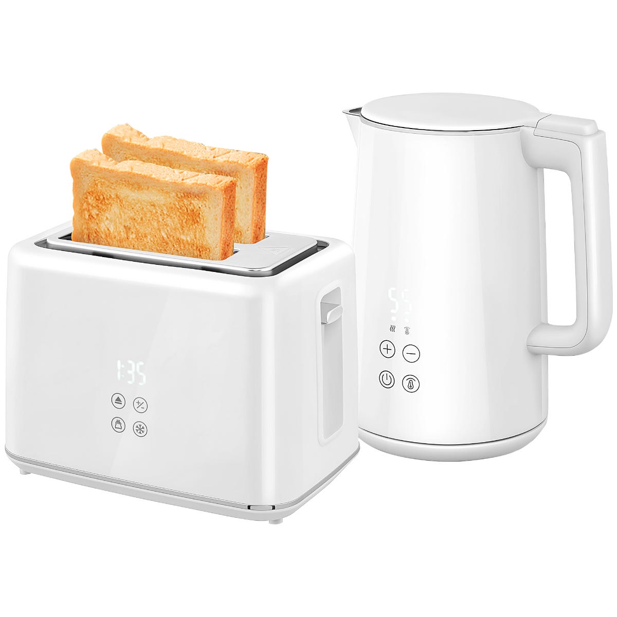 HOMCOM 1.5-Litre 3000W Fast-Boil Electric Kettle and Two-Slice Toaster Set - White, White