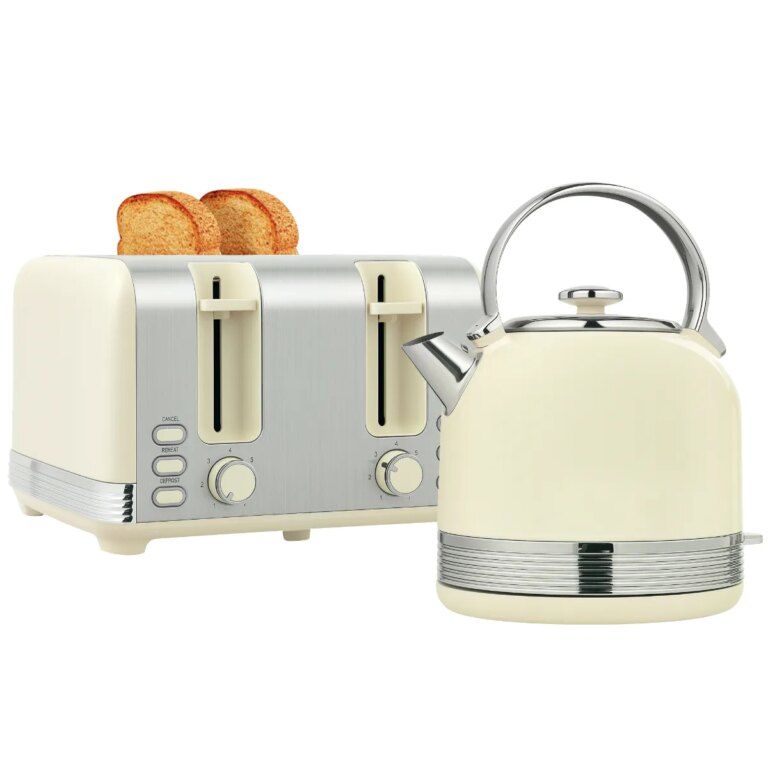HOMCOM Polished Metal Kettle and Toaster Set - Cream, none