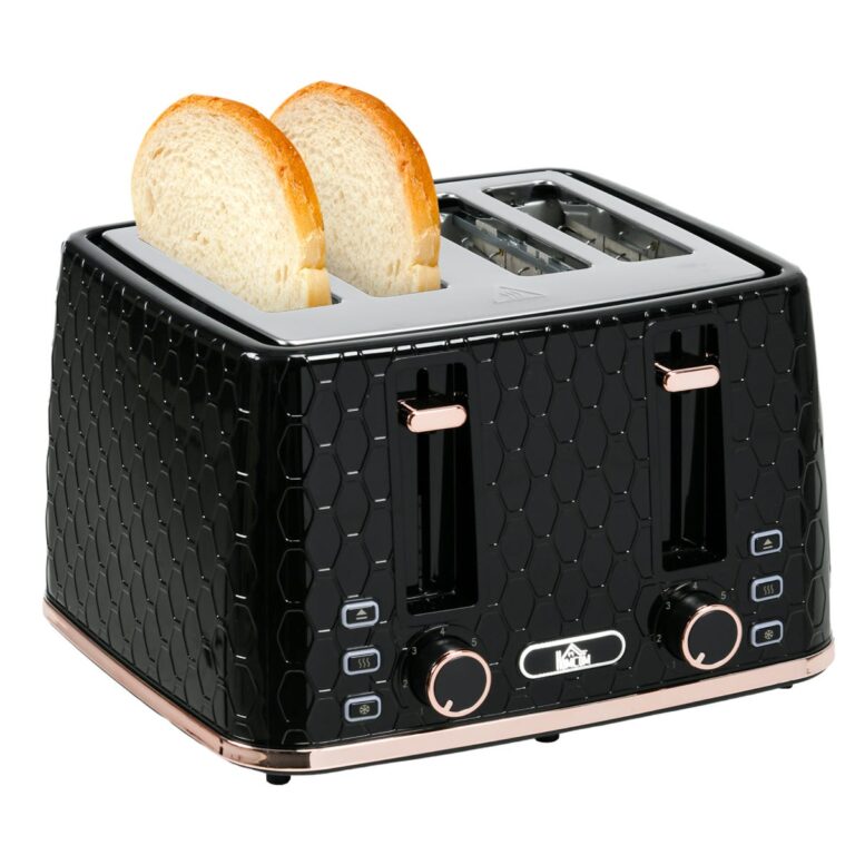 HOMCOM 4 Slice Toaster with 7 Browning Levels Removable Crumb Tray, 1600W, Black Honeycomb Texture, none