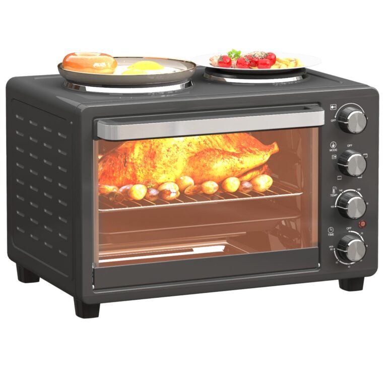 HOMCOM 28L 2600W Mini Counter-Top Toaster Oven with Two Hot Plates and Accessories - Black, Black