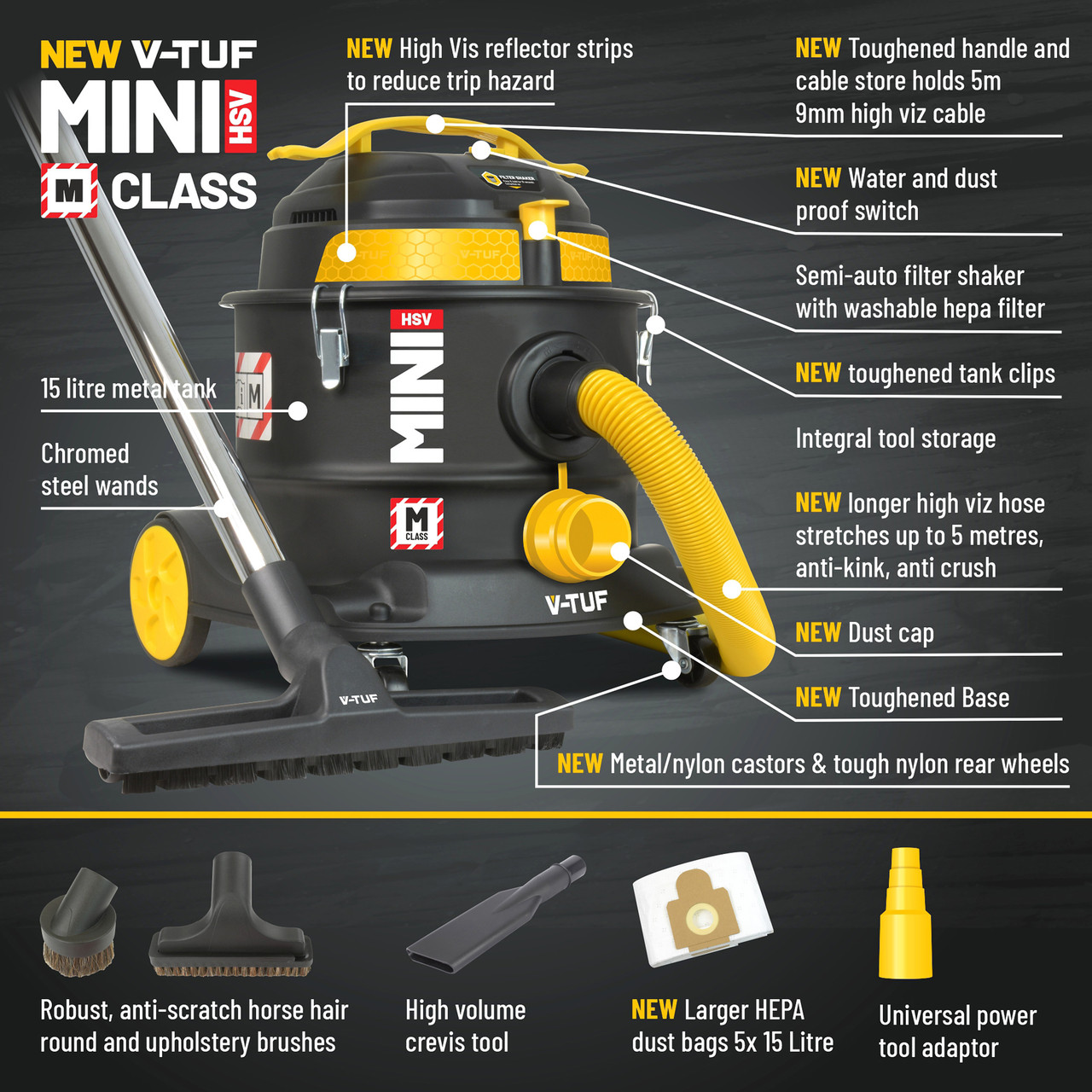 V-Tuf Mini Hsv 240V M-Class Dust Extractor - Health & Safety Version With 5 Dust Bags