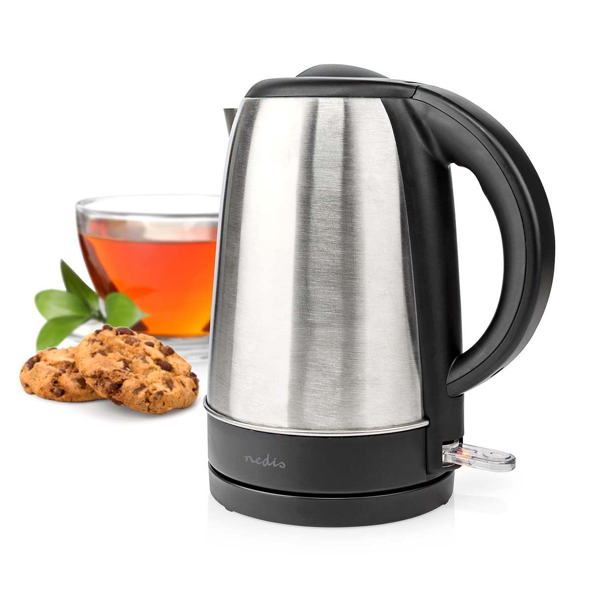 Nedis Electric Kettle, 1.7L, 2200W, Stainless Steel Jug with Quick Boil Time, Boil Dry Protection and Auto Shut Off, Cordless 360° Swivel Base, for Hot
