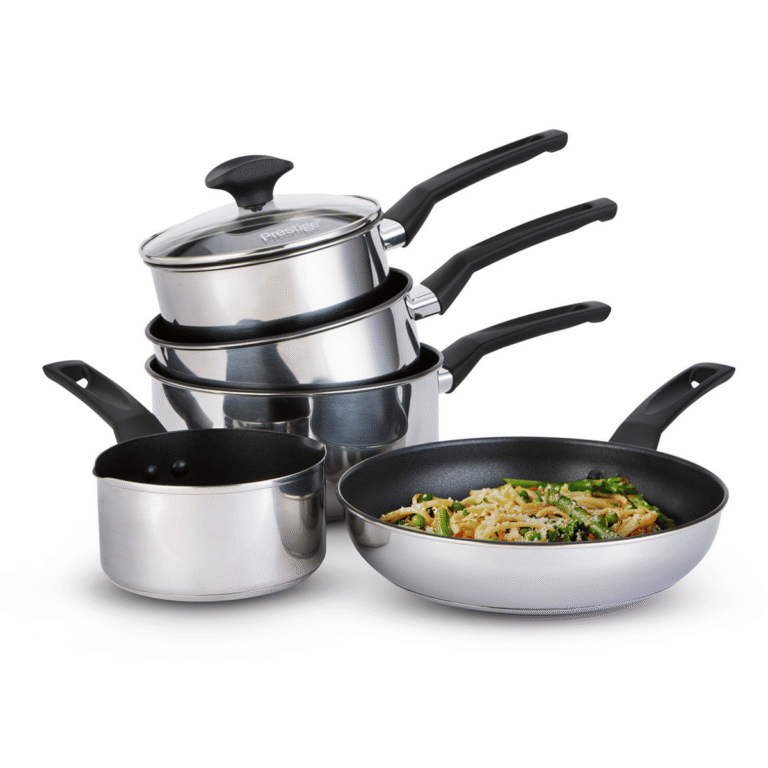 Prestige:9 X Tougher: Non-Stick Stainless Steel Saucepans & Lid, Frying Pan, Milk Pan Set - 5 Pieces
