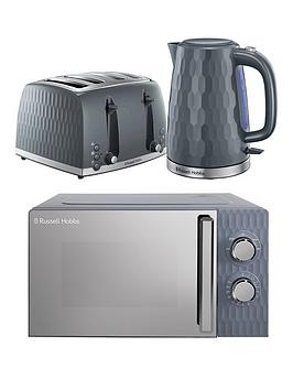 Russell Hobbs Honeycomb Bundle - Kettle, 4 Slice Toaster And Microwave- Grey