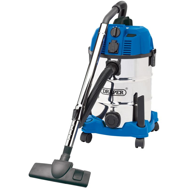 Draper 30L Wet and Dry Vacuum Cleaner with Stainless Steel Tank and Integrated 230V Power Socket (1600W) (20529)